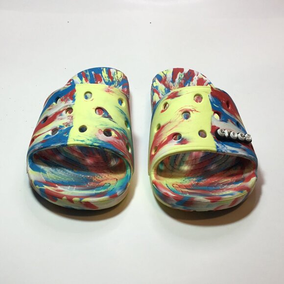 Crocs Iconic Comfort Classic Red/Yellow Marbled Slide Sandals Women's Size 8 - Picture 2 of 11